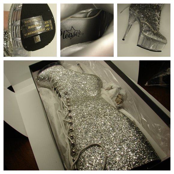 NIB NWOT Pleaser Knee Hi Delight 2020 Silver Glitter Boot Lace Up Inner Zip SZ 8 - Picture 3 of 16